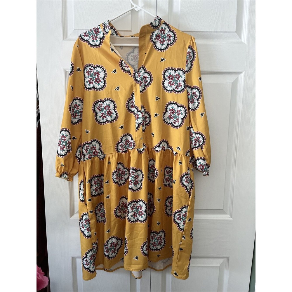 Yellow Printed Pattern Dress (Size XL) with Ruffled Sleeves
